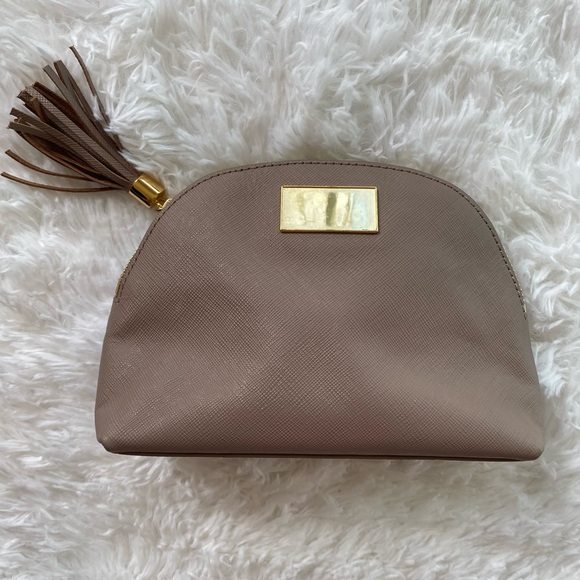 Handbags - Tan leather tassel & gold makeup bag / cosmetics bag